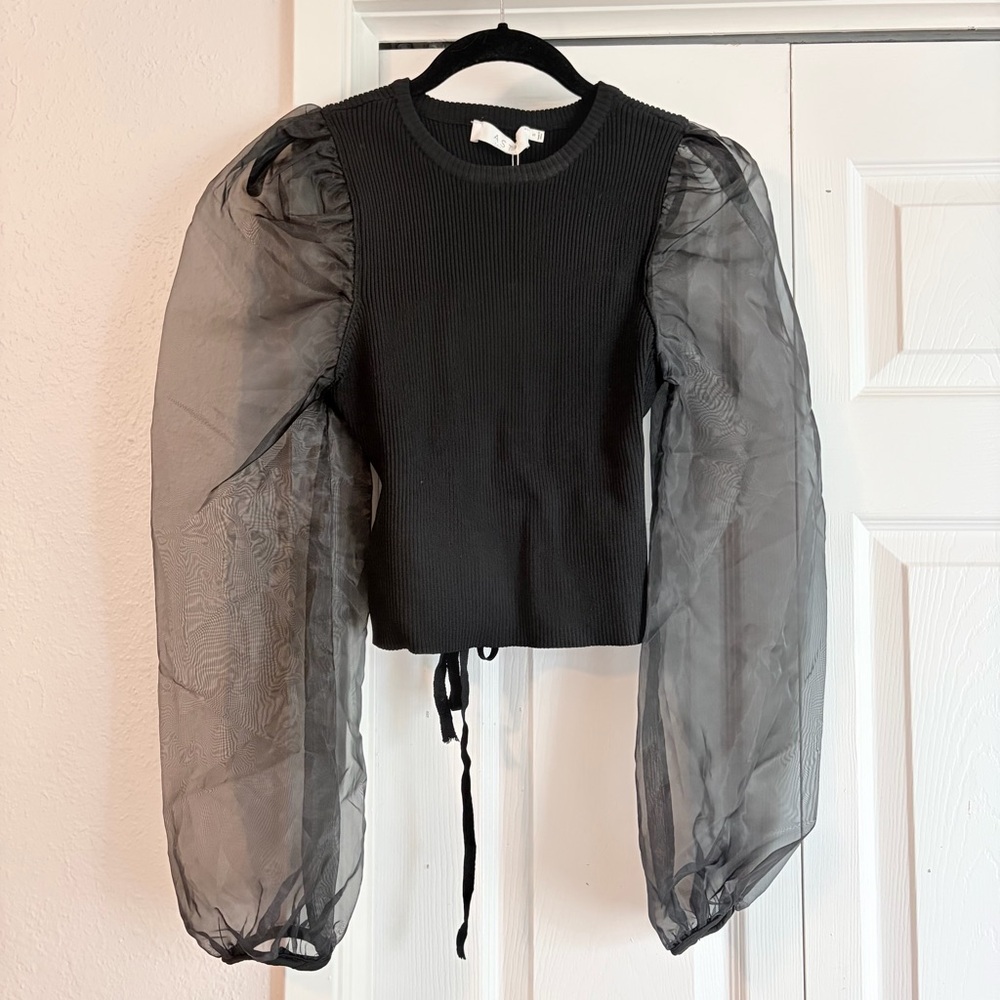 ASTR the Label Black Organza Sleeve Sheer Open Back Top Avery